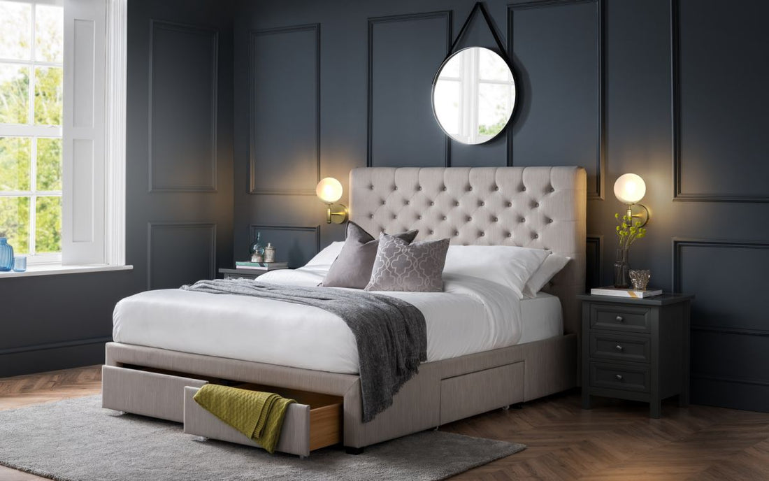 Modern bed frame with integrated storage drawers demonstrating key features to consider when choosing bedroom furniture
