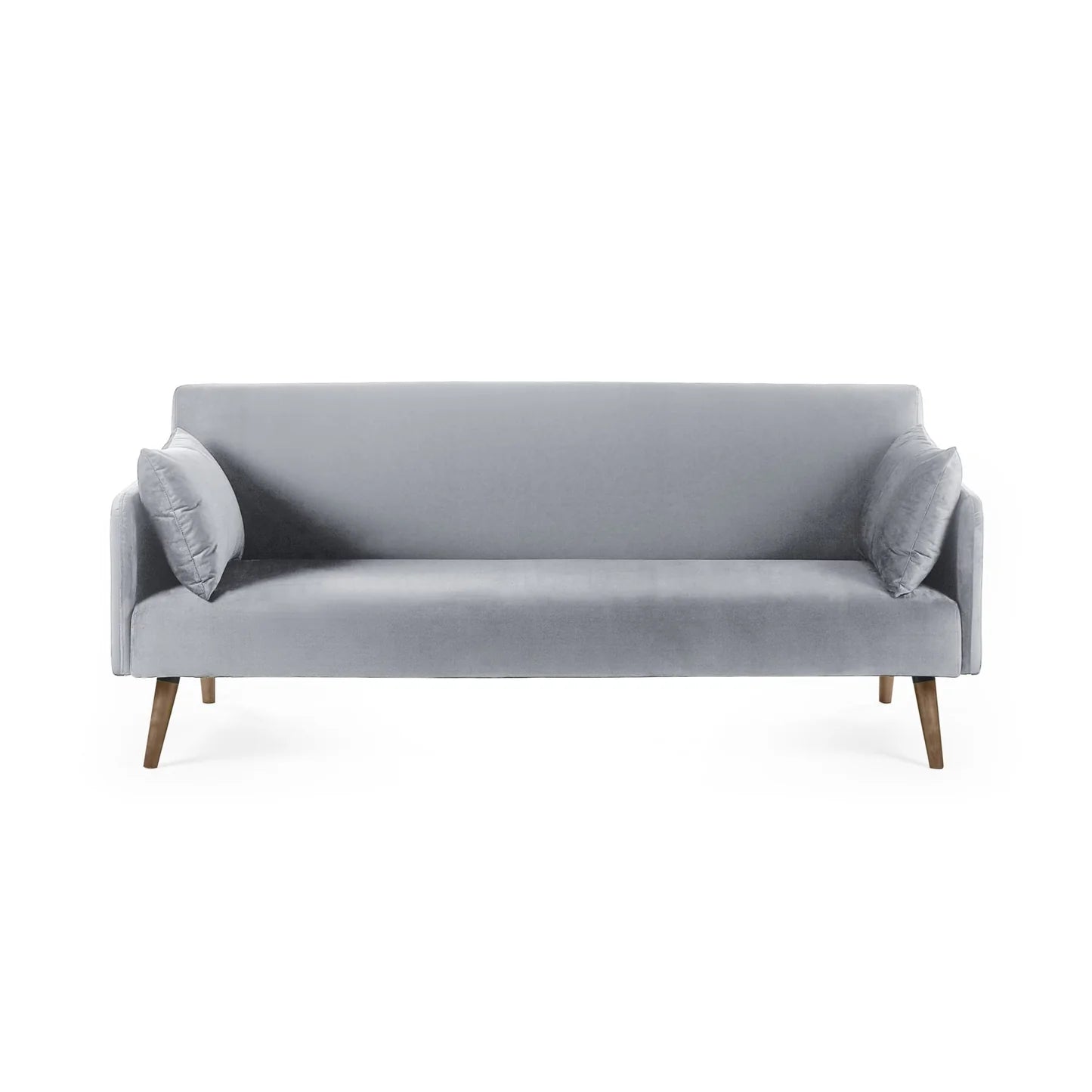 Gray sofa with two cushions on a white background