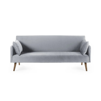 Gray sofa with two cushions on a white background