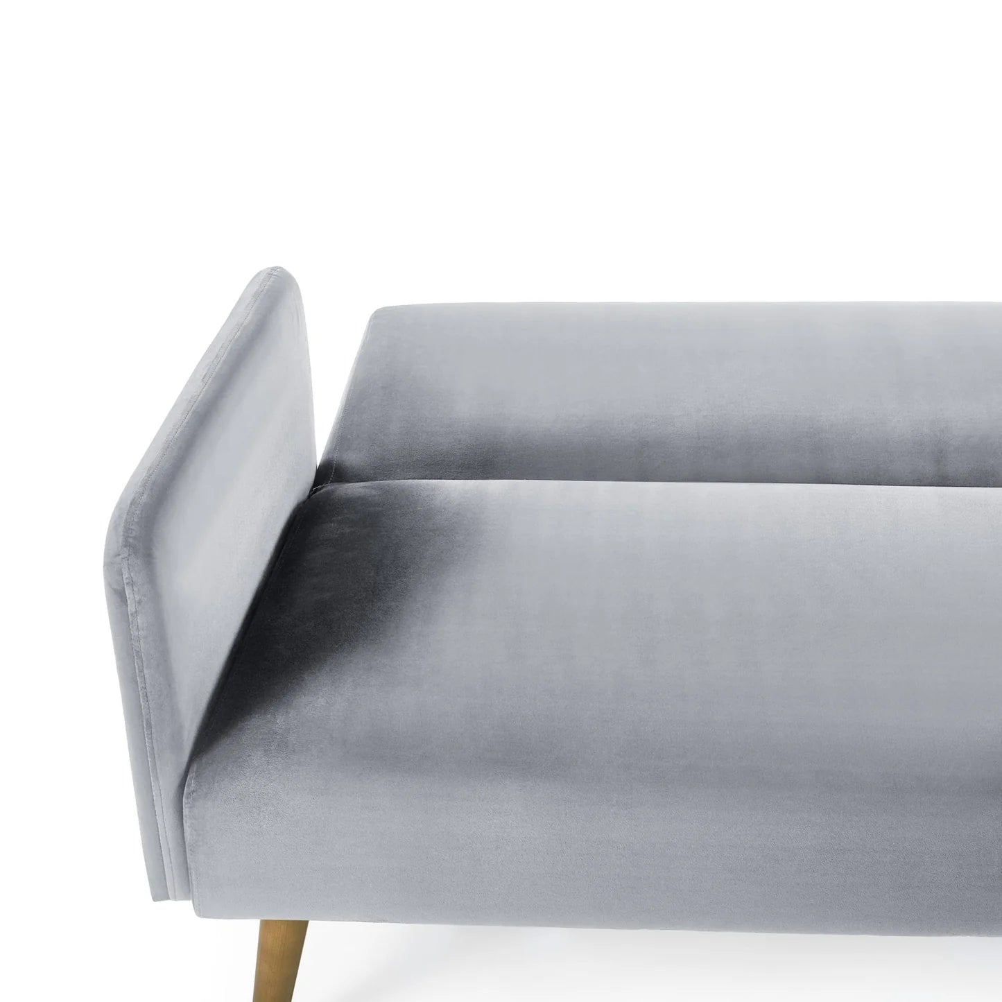 Gray velvet sofa with wooden legs on a white background