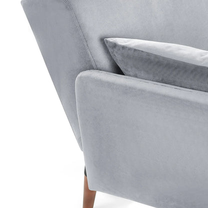 Gray velvet sofa with a cushion on a white background