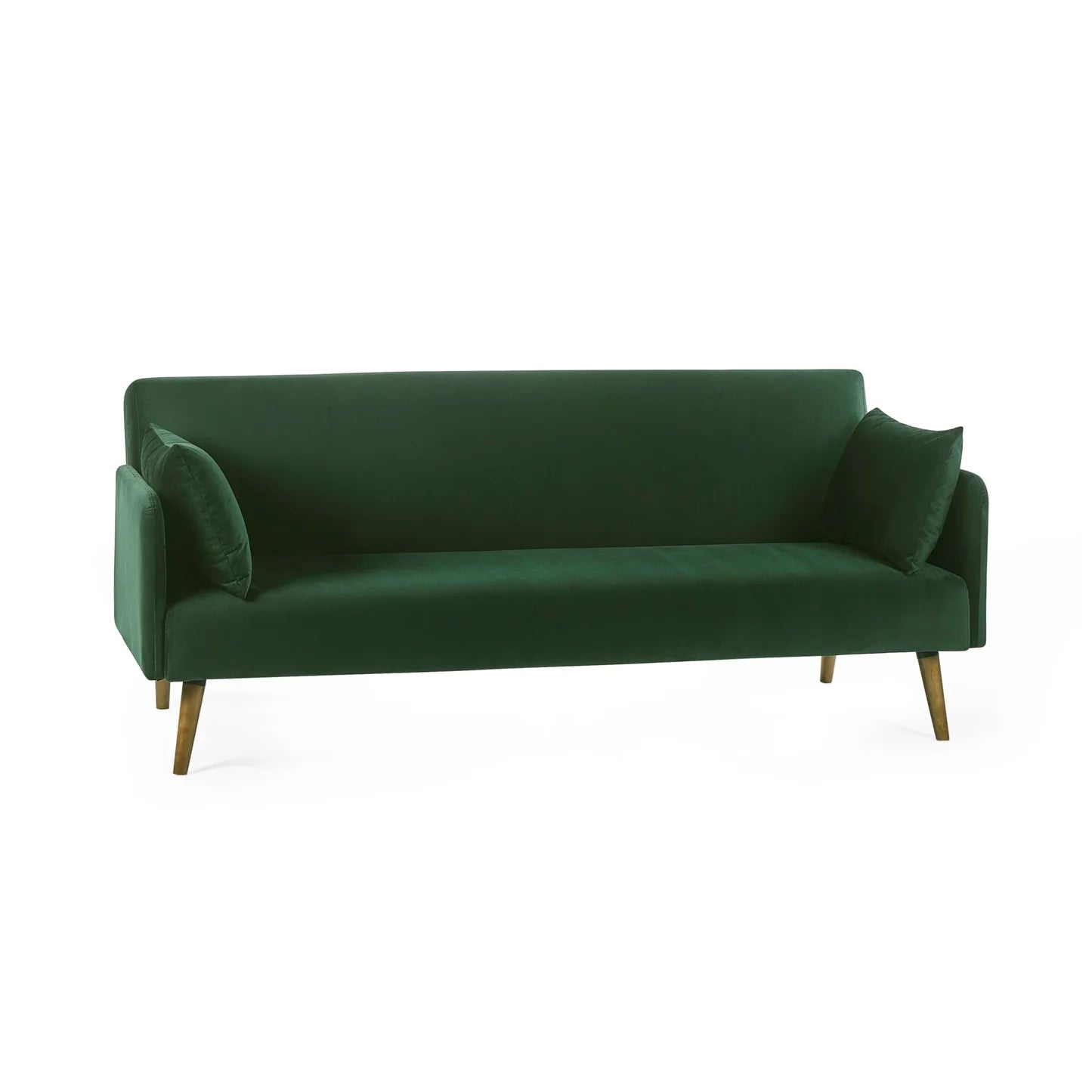 Green sofa bed with wooden legs on a white background