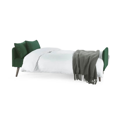 Sofa Bed with green headboard and gray blanket on a white background