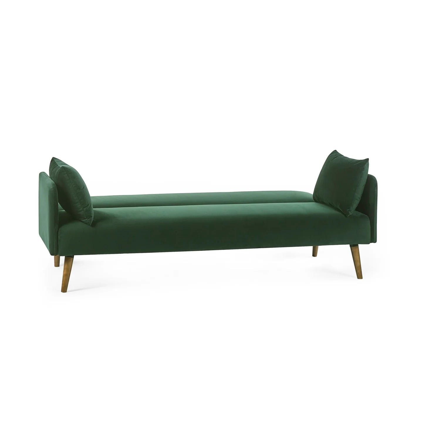 Green sofa bed with wooden legs on a white background
