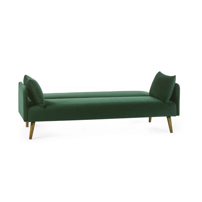 Green sofa bed with wooden legs on a white background