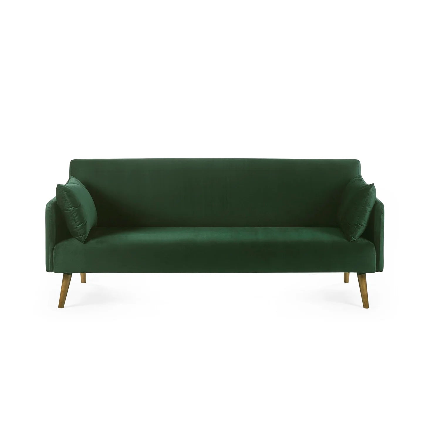 Green sofa with wooden legs on a white background