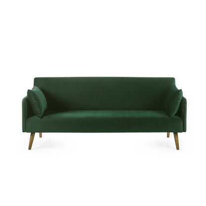 Green sofa with wooden legs on a white background