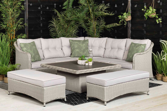 Rattan Outdoor Grey Corner Sofa with Coffee Table and 2 Benches