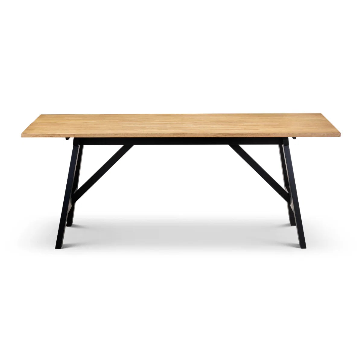 Wooden table with black metal legs on a white background