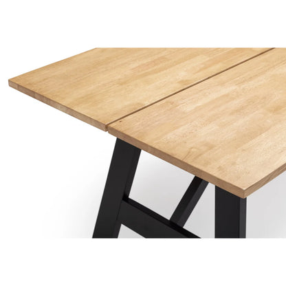 Wooden table with black metal legs on a white background