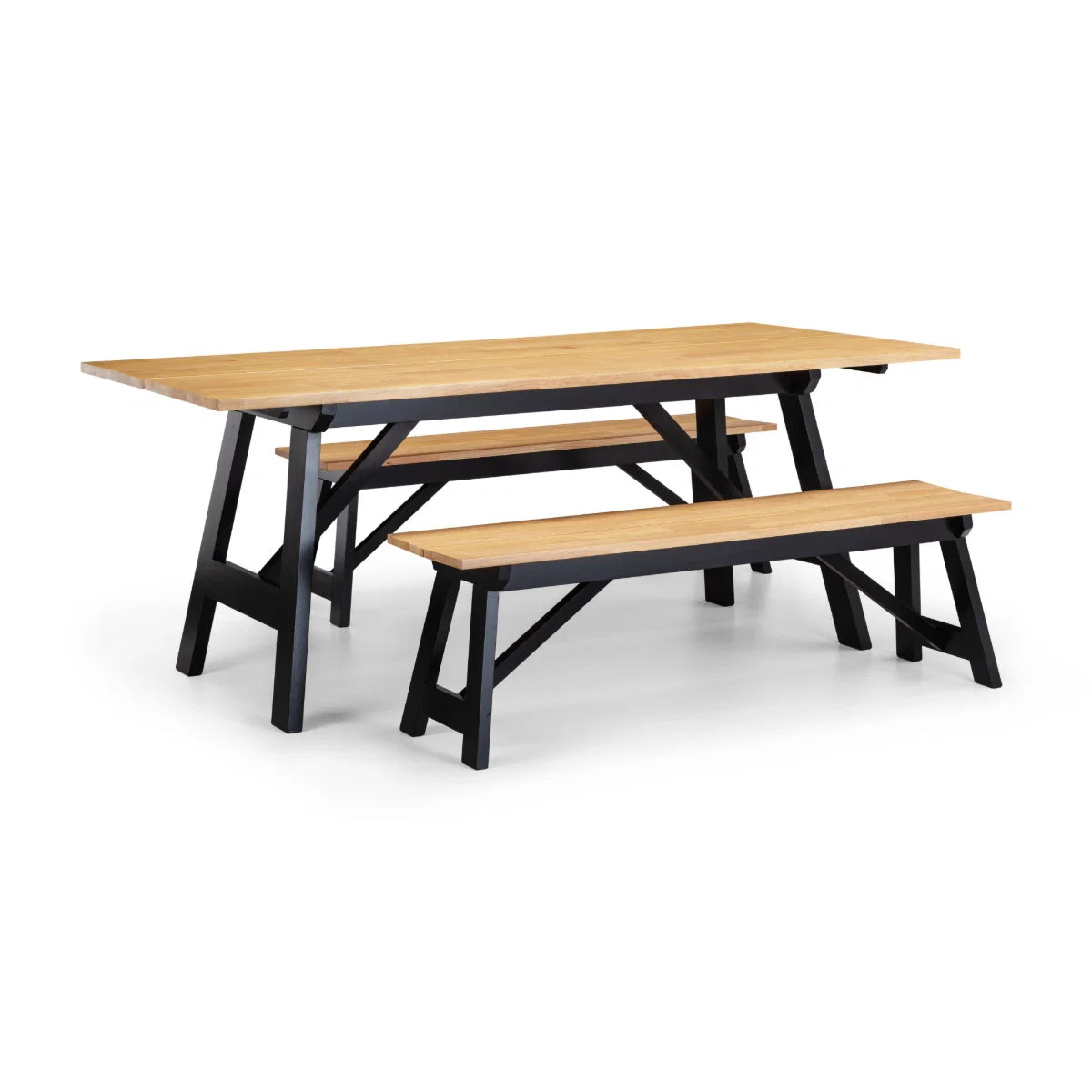 Wooden table with black legs and matching benches on a white background