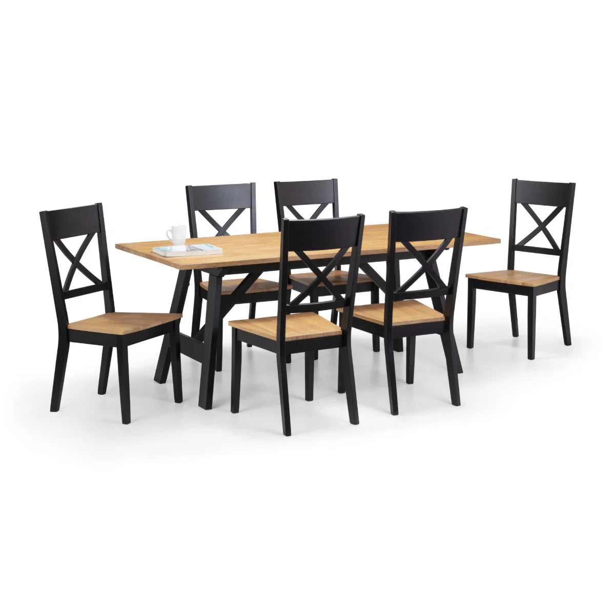 Dining table set with six chairs on a white background