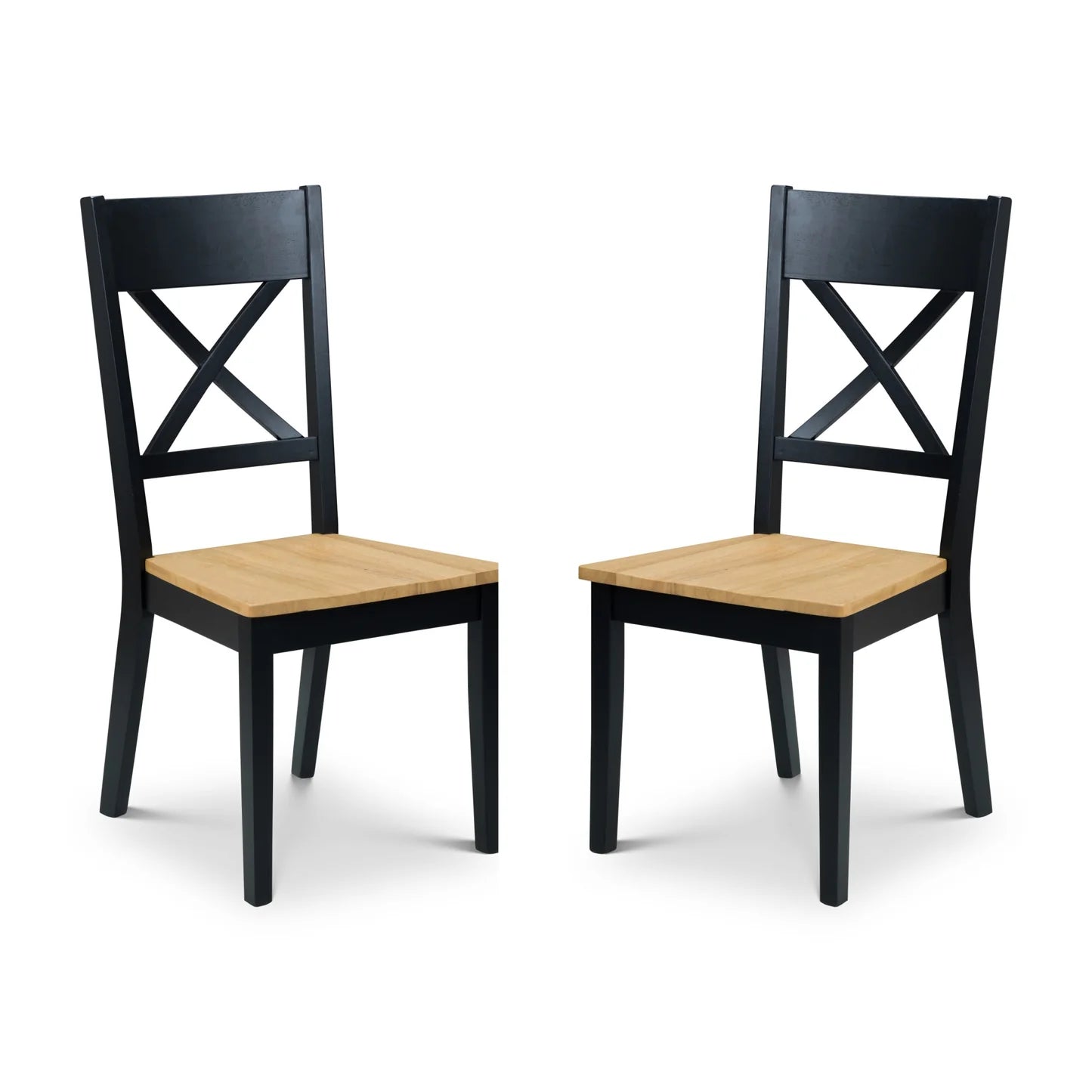 Two black chairs with wooden seats on a white background