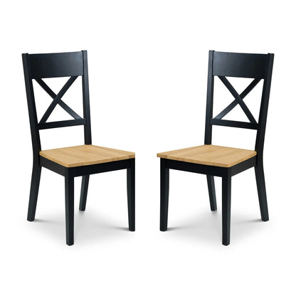 Two black chairs with wooden seats on a white background