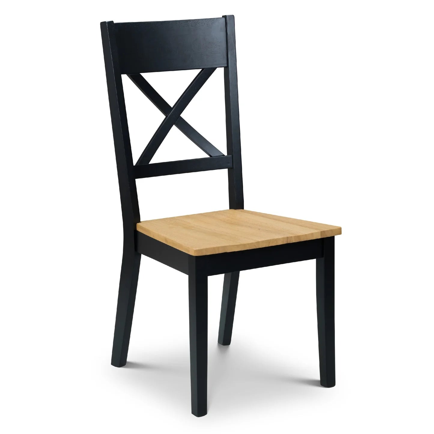 Chair with black frame and wooden seat on a white background