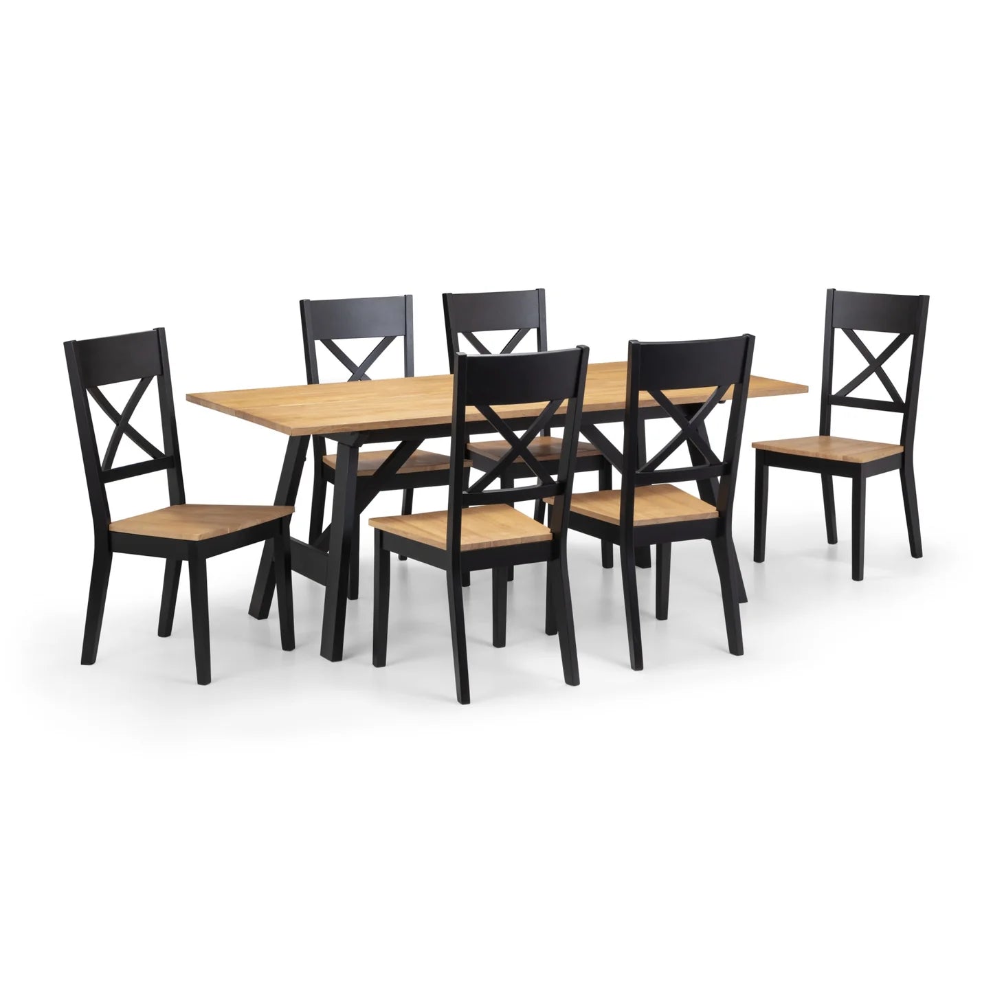 Dining table set with six chairs on a white background