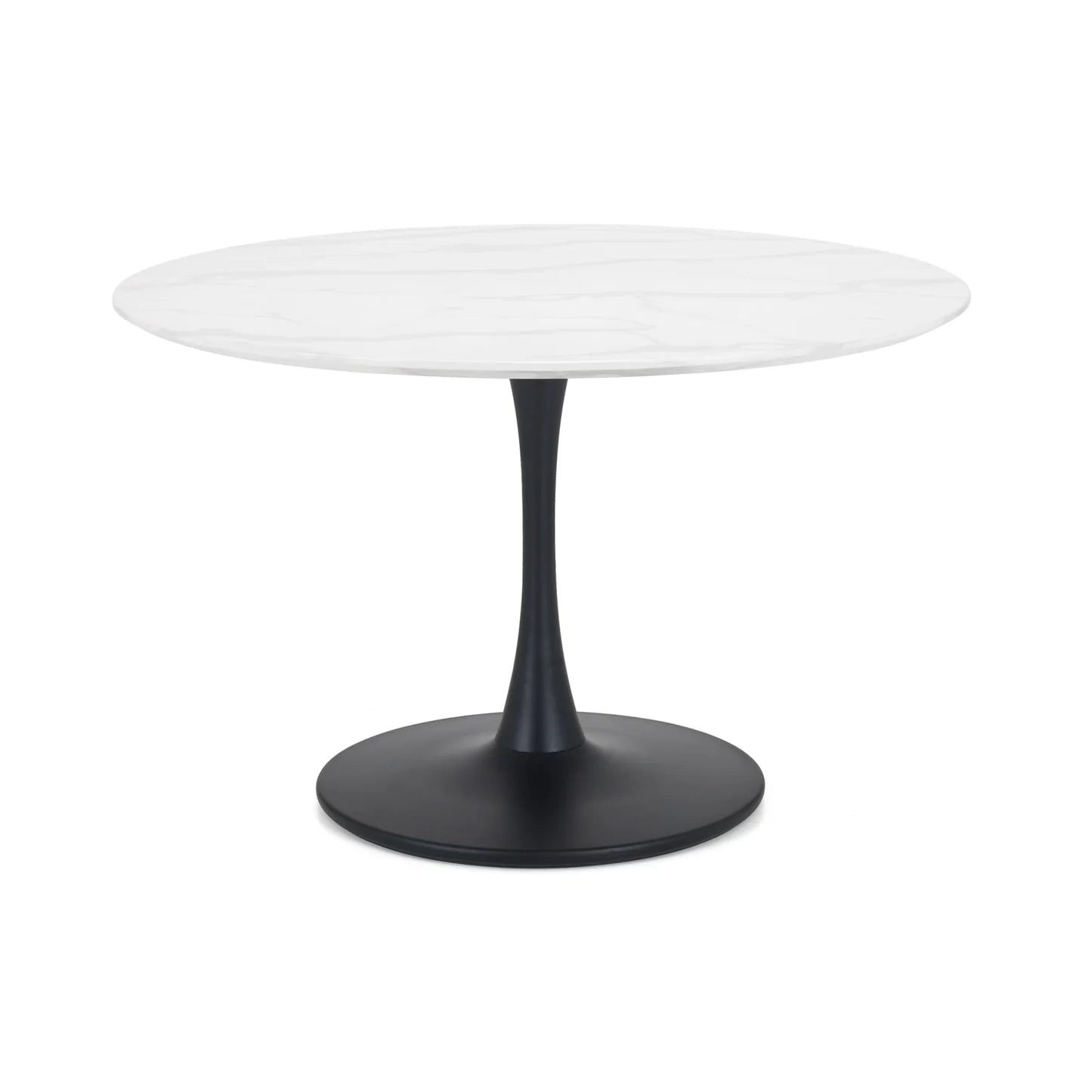 Round table with white top and black base on a white background