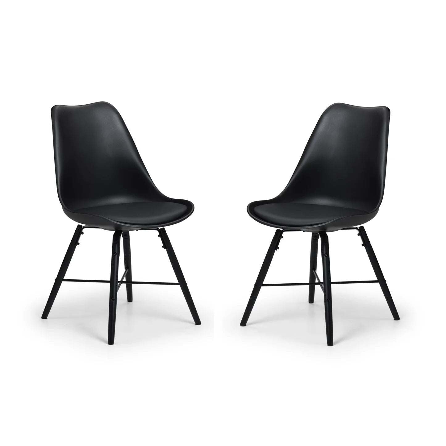 Two black chairs with metal legs on a white background