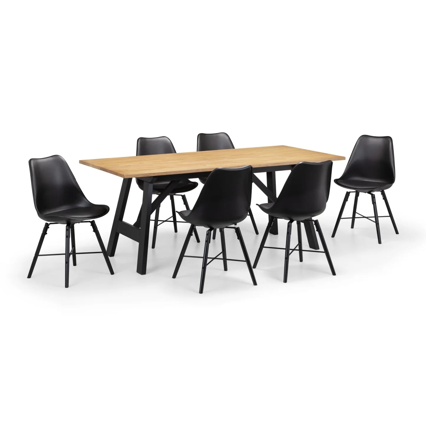 Dining table with six black chairs on a white background