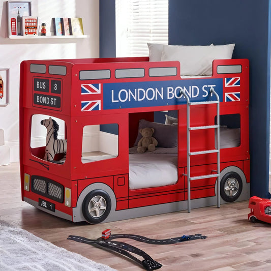 Red double-decker bus bed with British flag design in a child's room.
