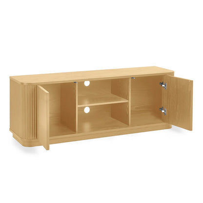 Wooden TV stand with open doors on a white background