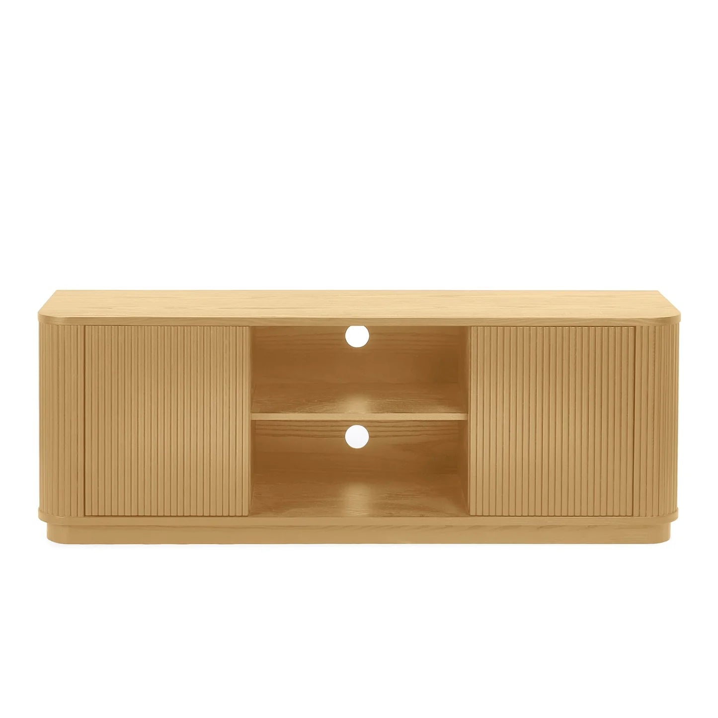 Wooden TV stand with slatted design on a white background