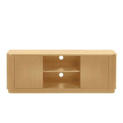 Wooden TV stand with slatted design on a white background