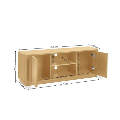 Wooden TV stand with dimensions labeled on a white background