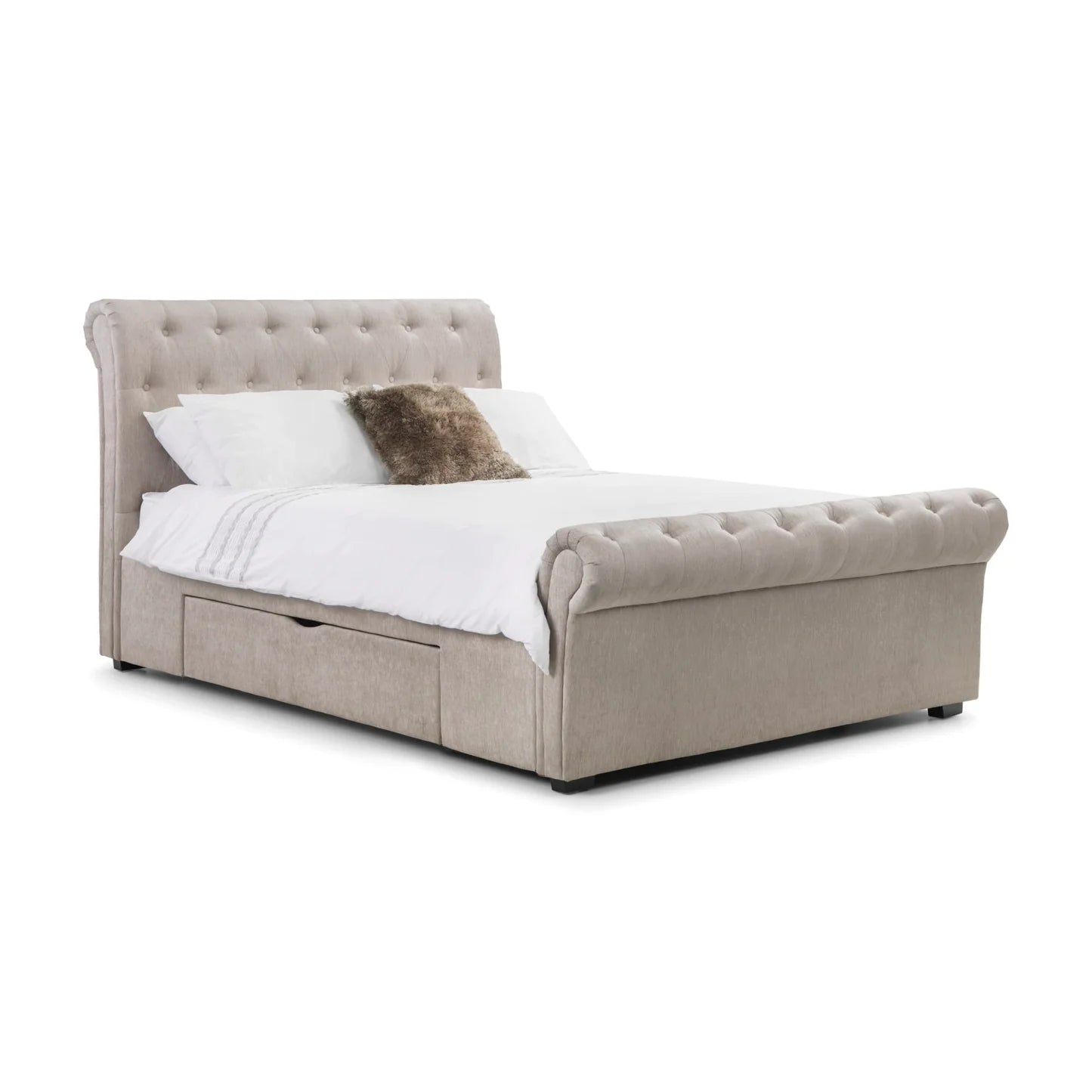 Beige upholstered bed with white bedding and a brown pillow on a white background