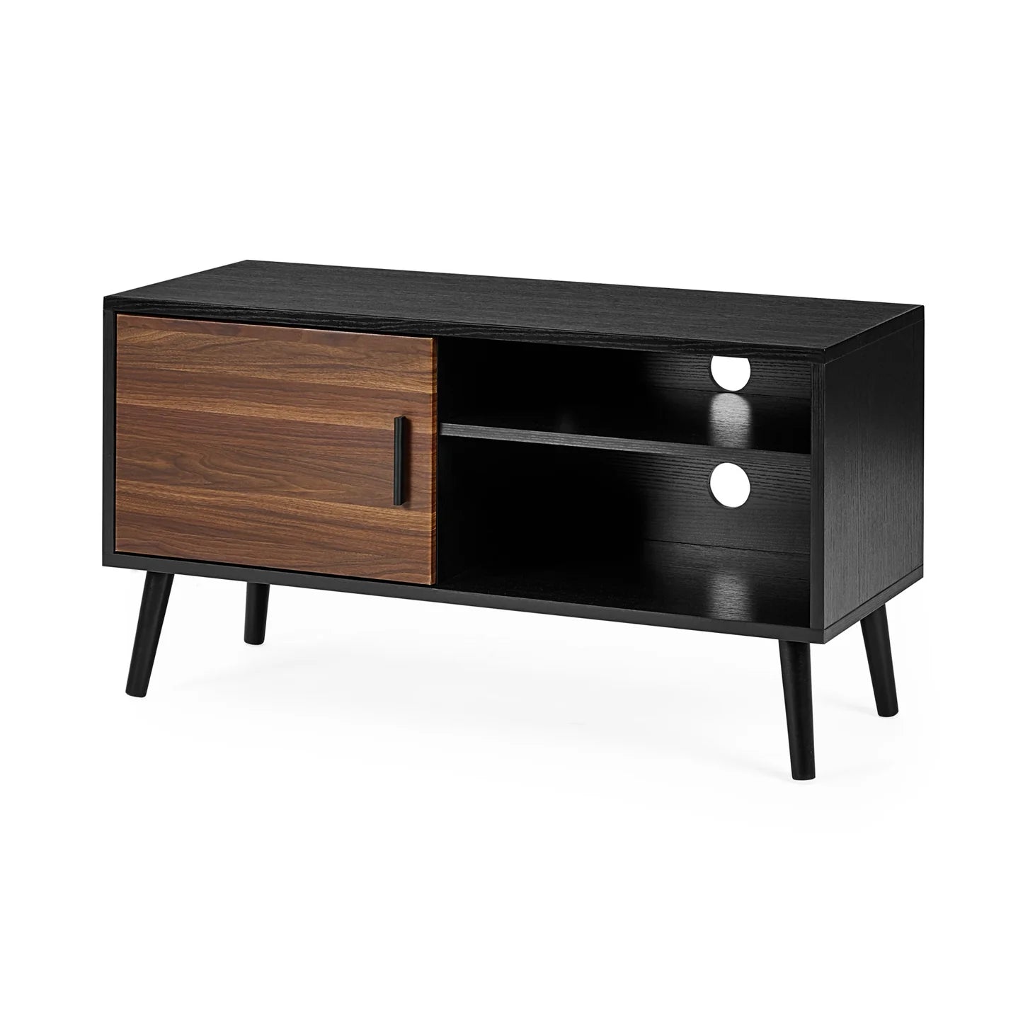 Wooden TV stand with dimensions labeled on a white background