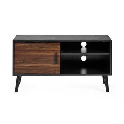 Modern TV stand with wooden and black design on a white background