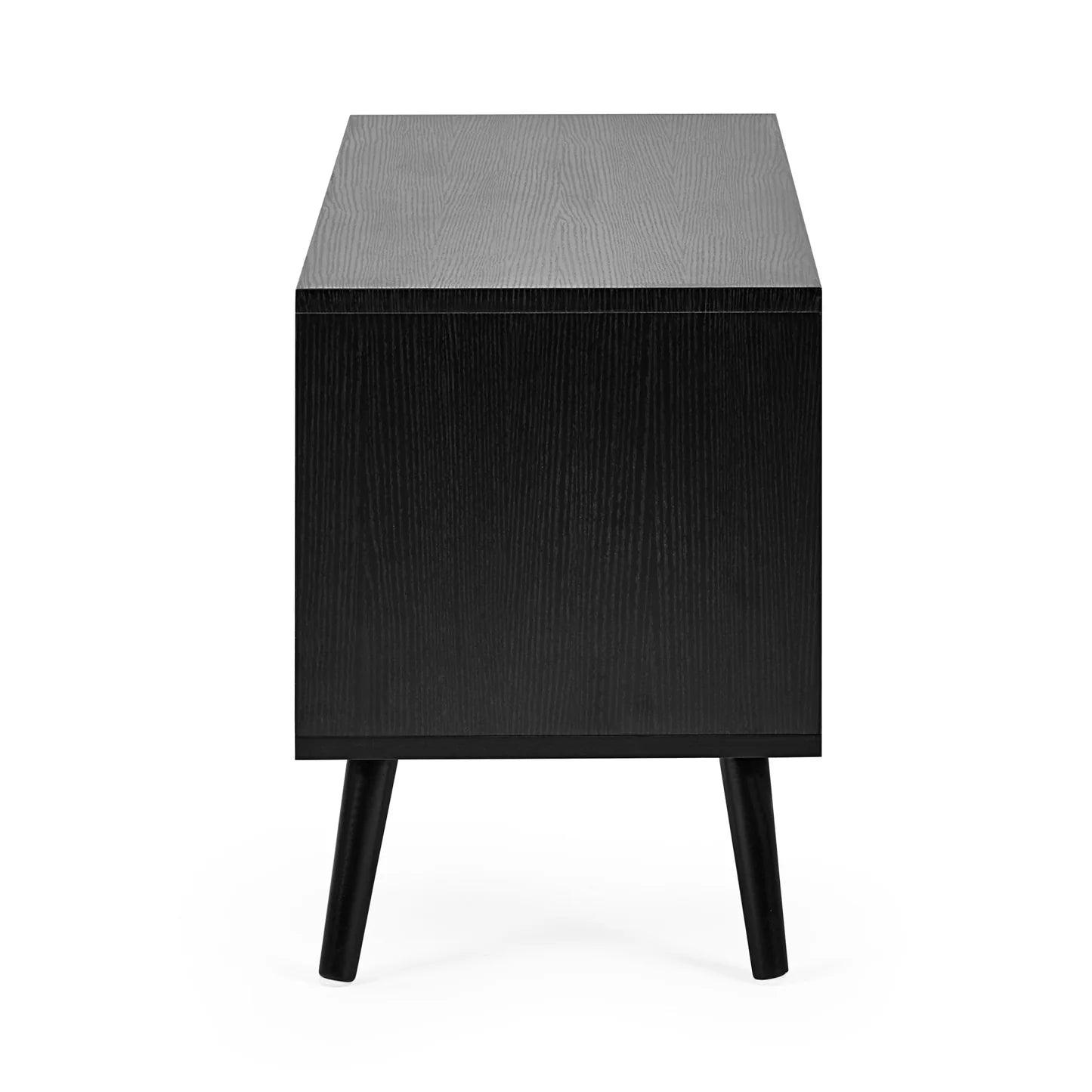 Black side table with textured top on a white background