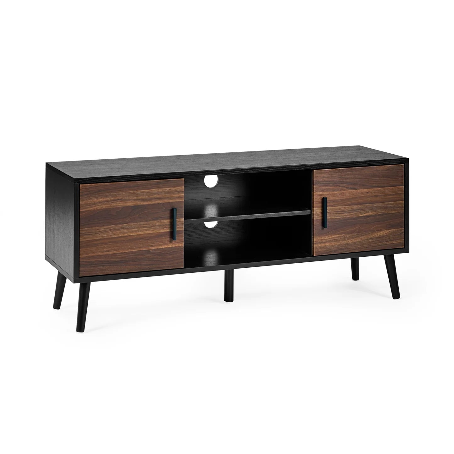Wooden TV stand with dimensions labeled on a white background