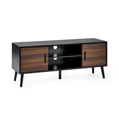 Wooden TV stand with dimensions labeled on a white background