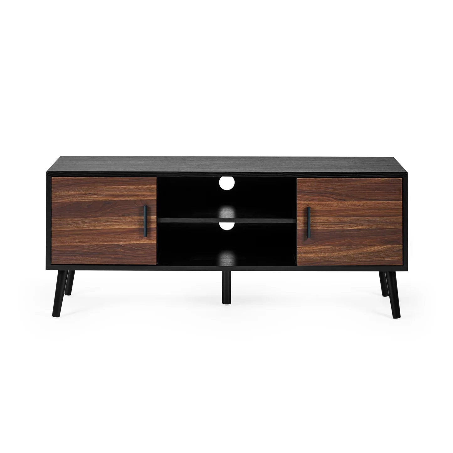 Wooden TV stand with black top and legs on a white background