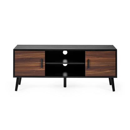 Wooden TV stand with black top and legs on a white background