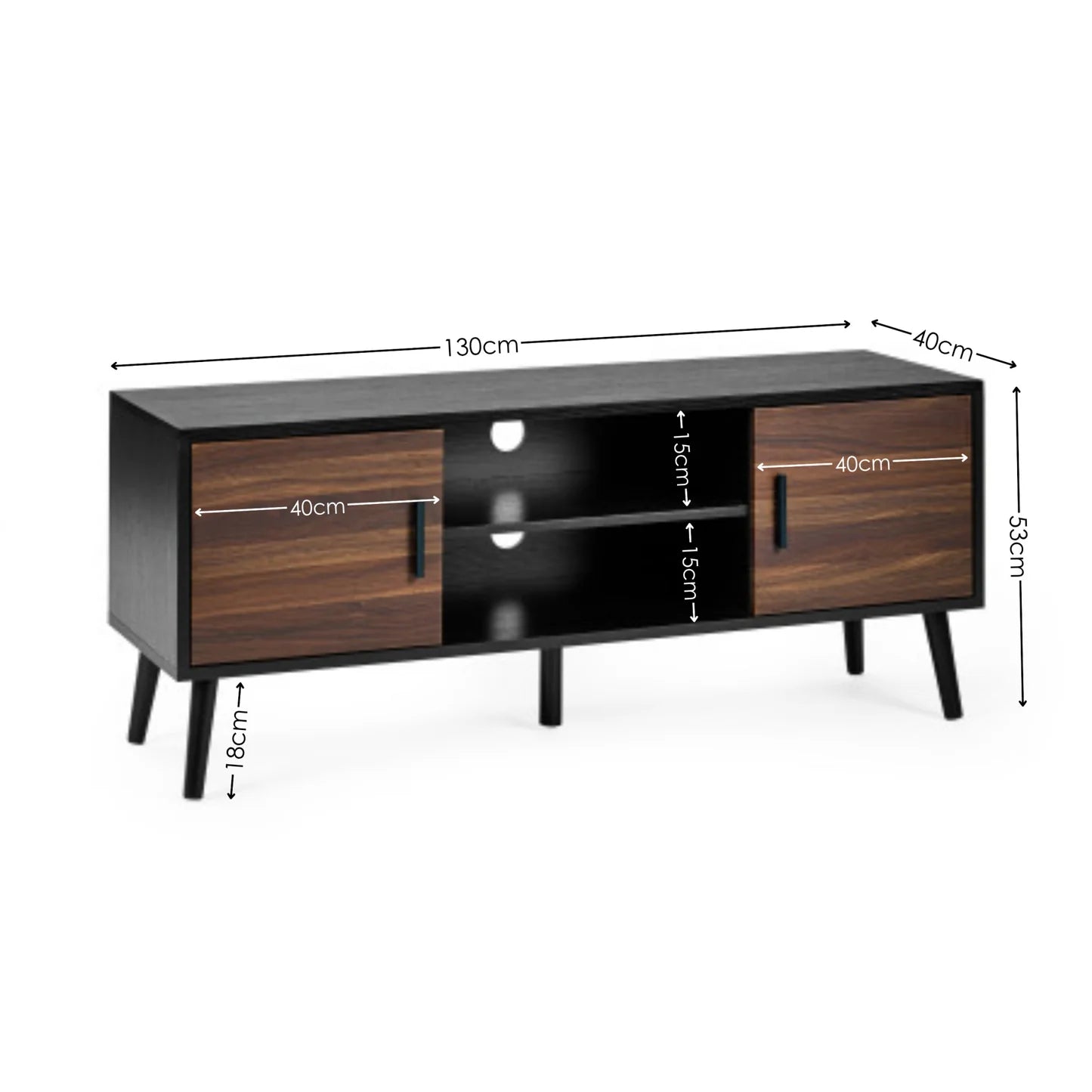 Wooden TV stand with dimensions labeled on a white background