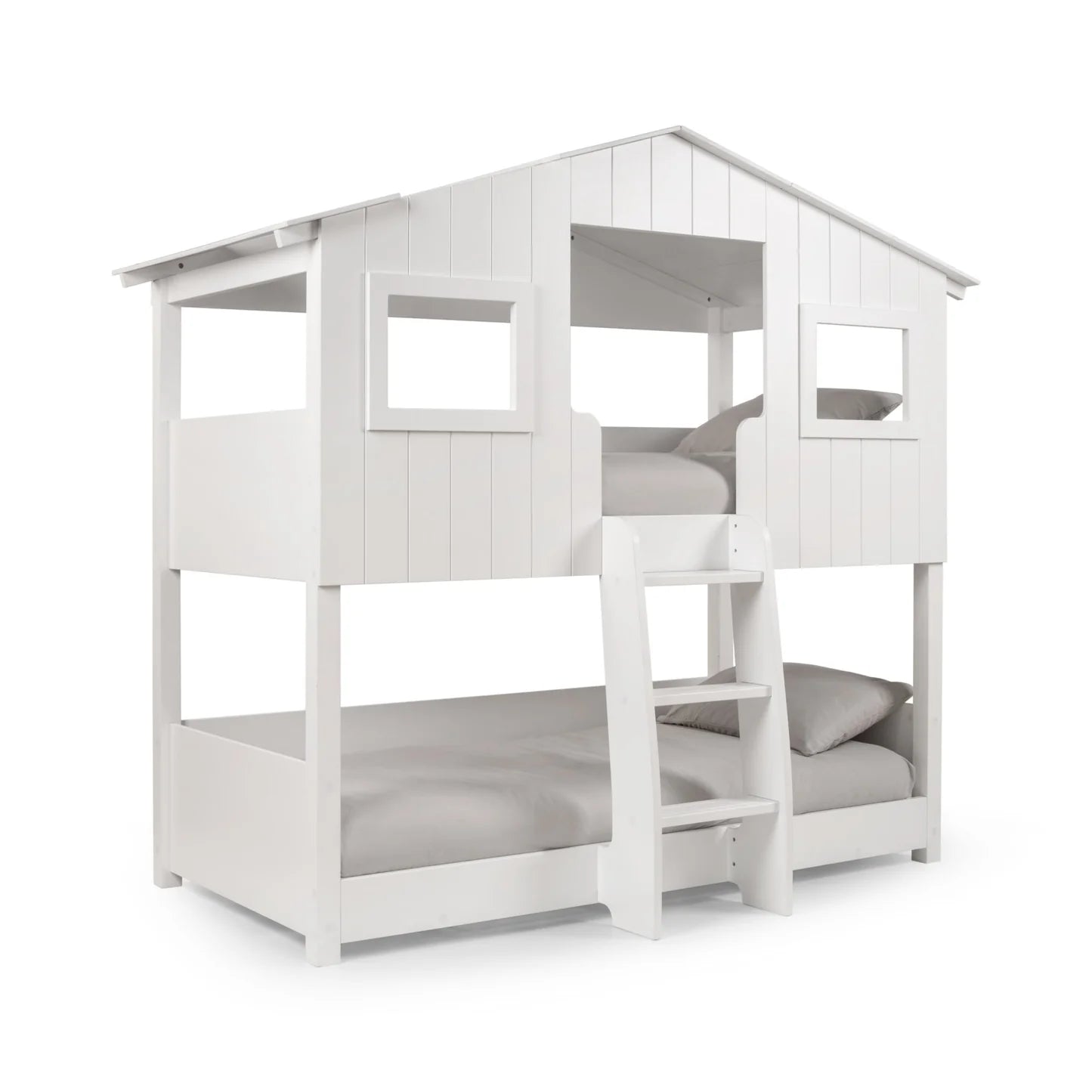White children's bunk bed with a small window on a white background