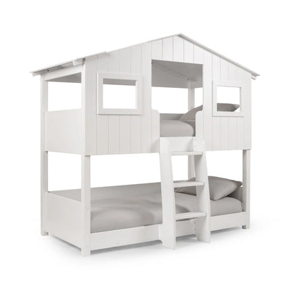 White children's bunk bed with a small window on a white background