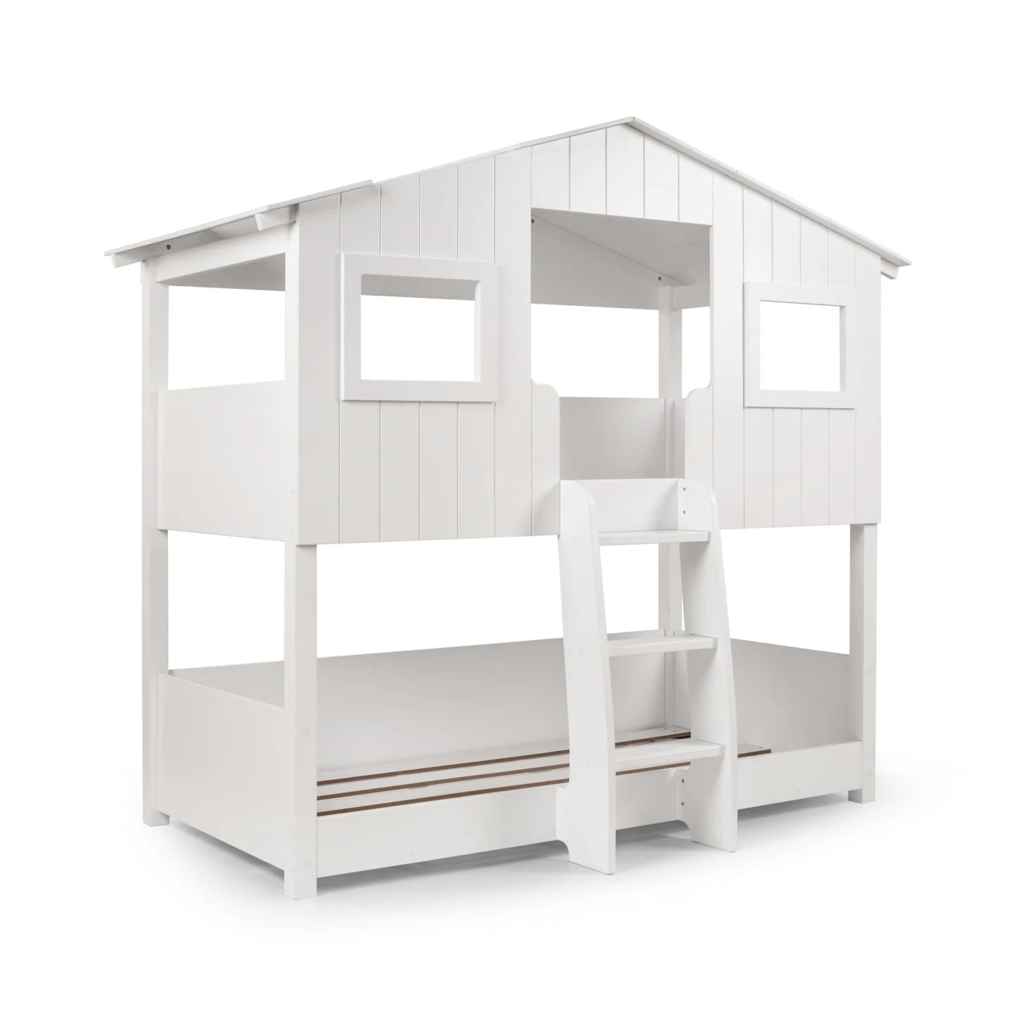 White children's bunk bed with a ladder on a white background