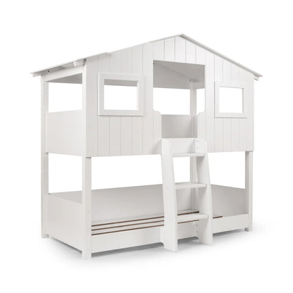 White children's bunk bed with a ladder on a white background