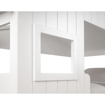White bunk bed with wooden slats on a white background