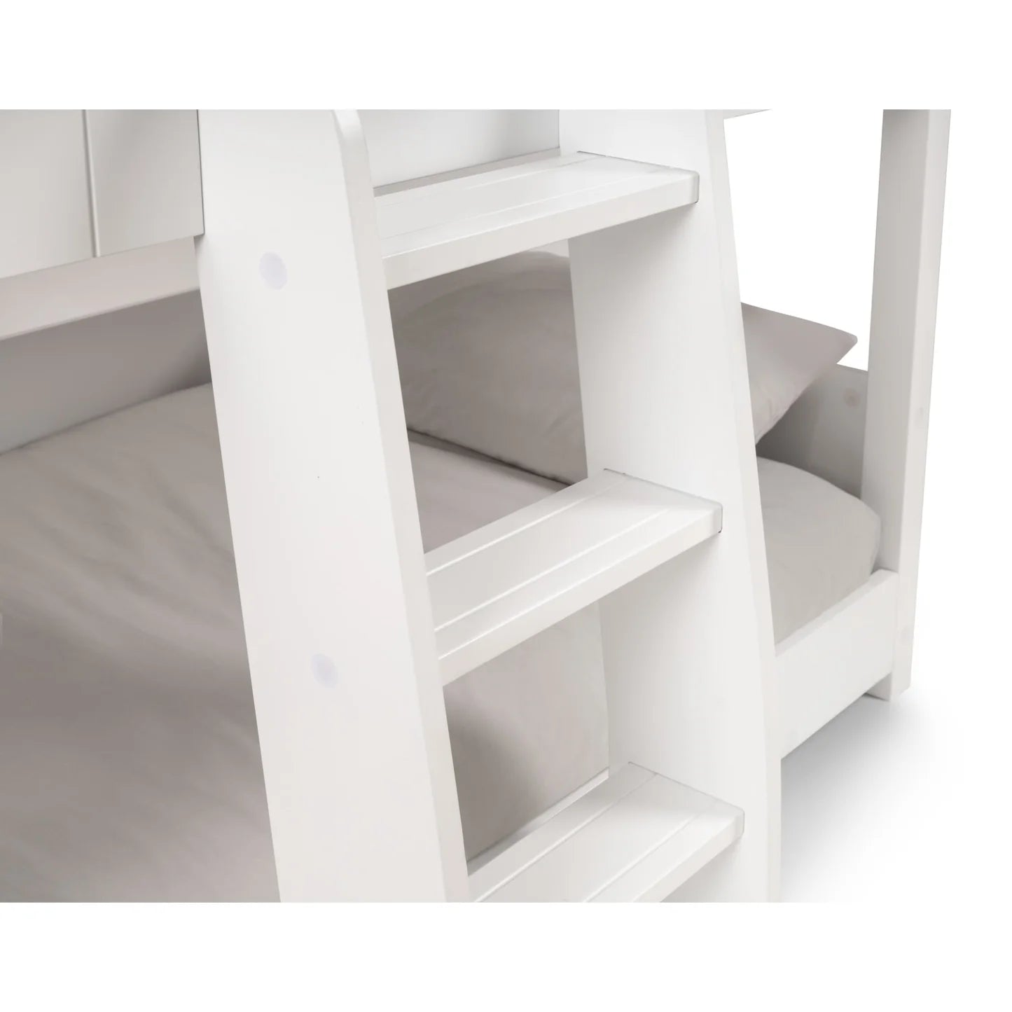 White wooden bed with a ladder and mattress on a white background