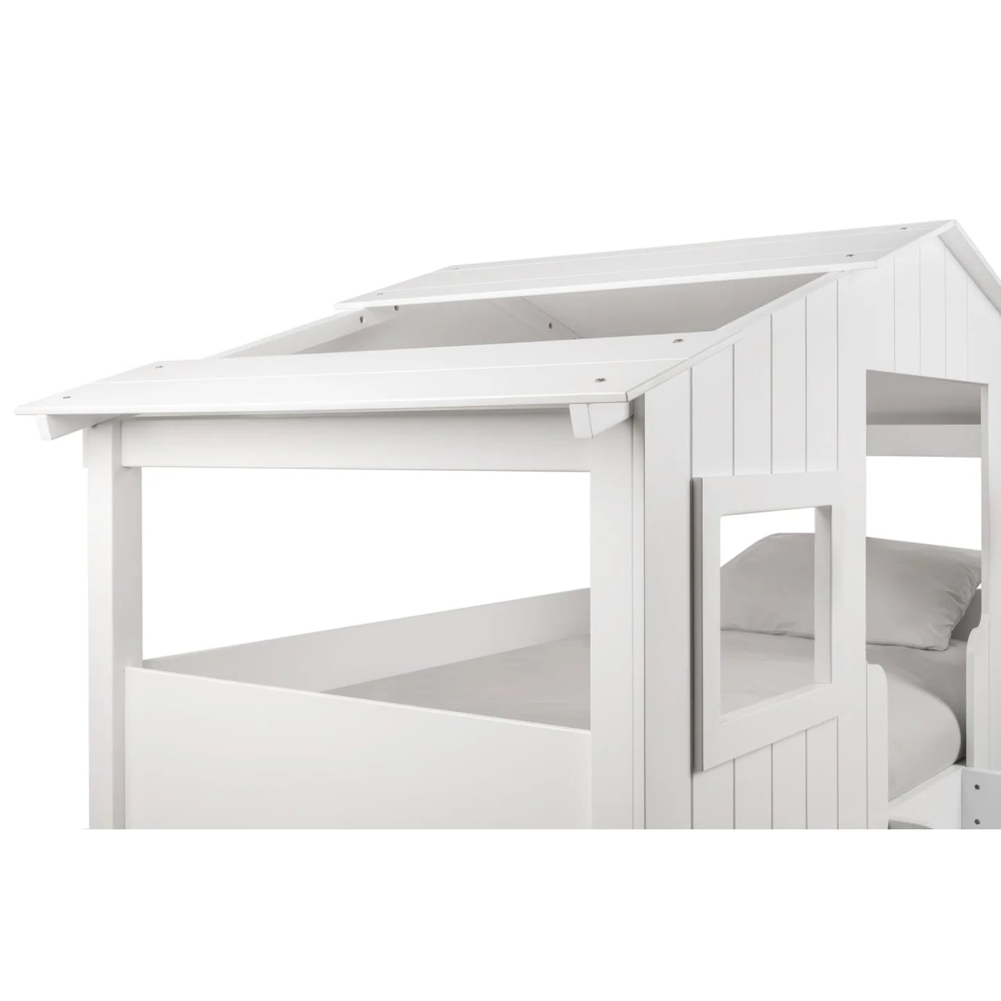 White children's playhouse with slide on a white background