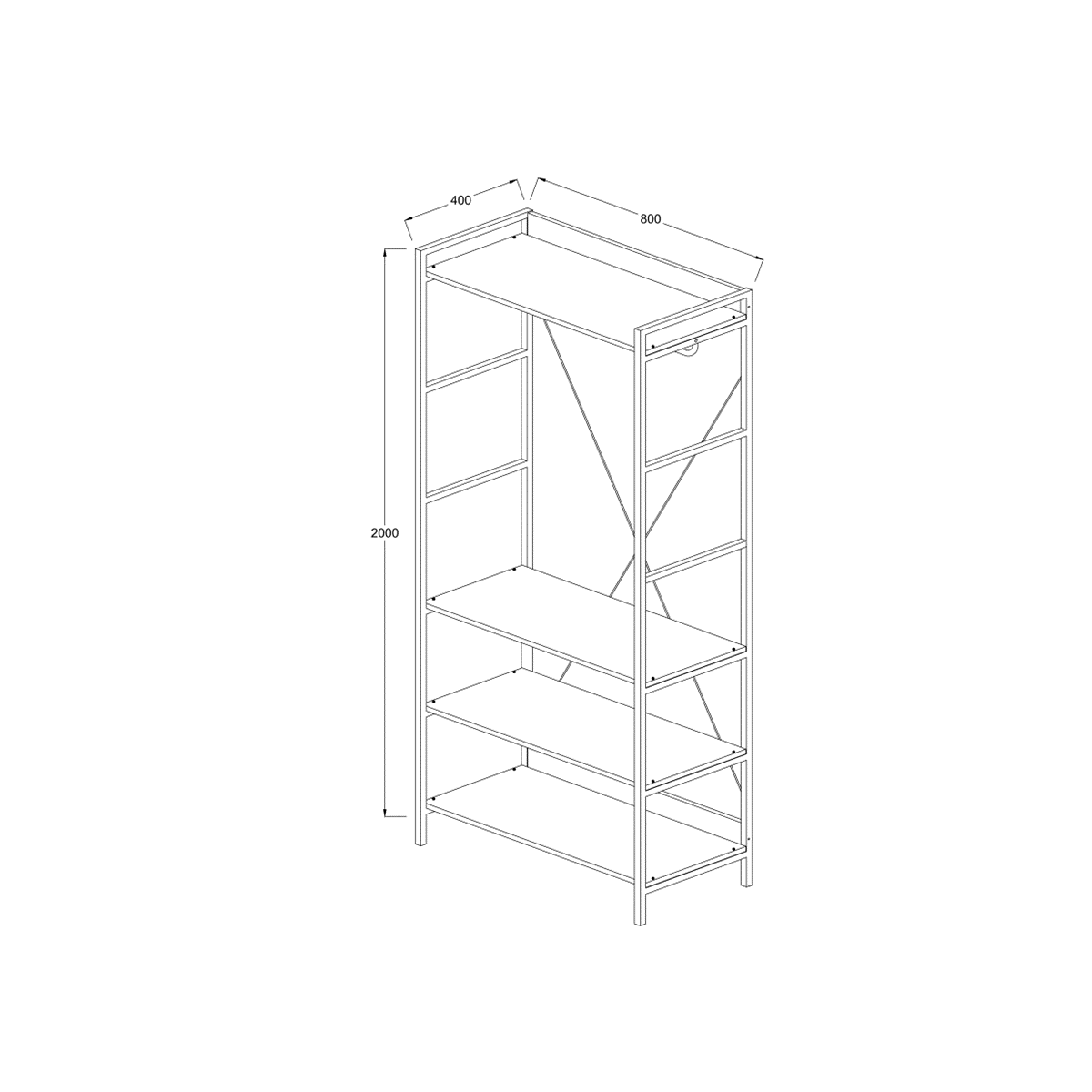 Open Oak Wide Wardrobe 4 Shelves measurements