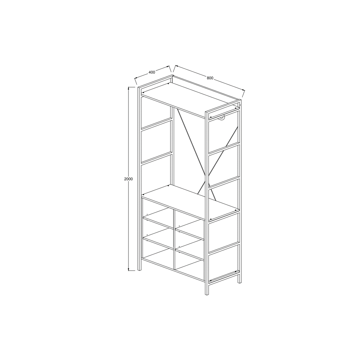 Oak Single Wardrobe 8 Shelves measurements