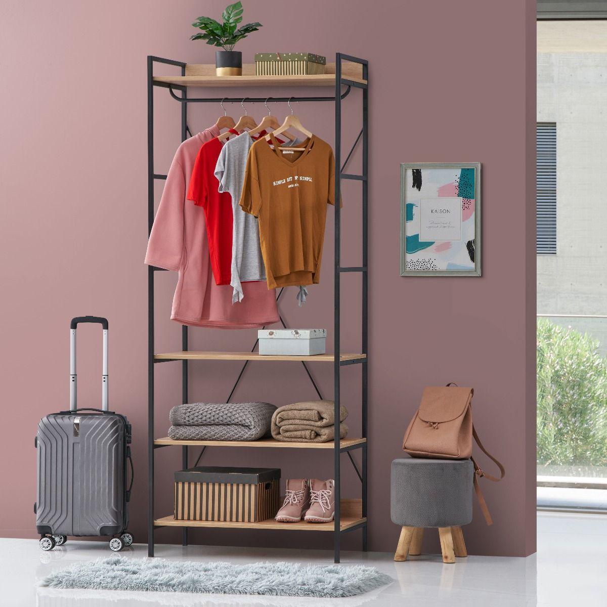 Open Oak Wide Wardrobe 4 Shelves